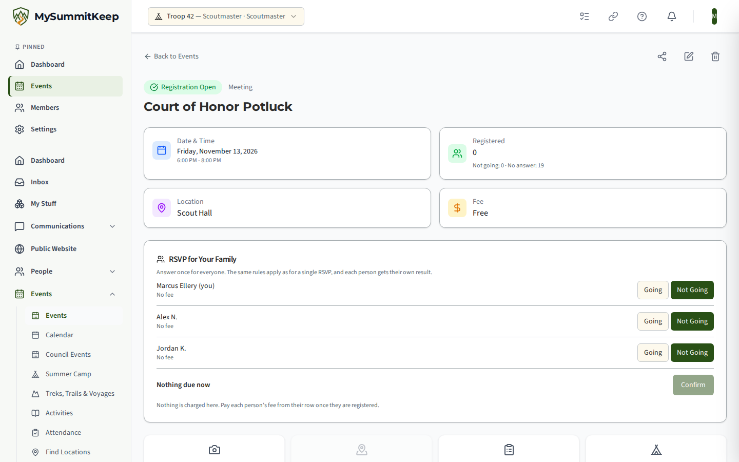 The Reminders tab of an event with the RSVP by email link panel: Request RSVPs, and a table of the links already sent with their status and a Revoke button.