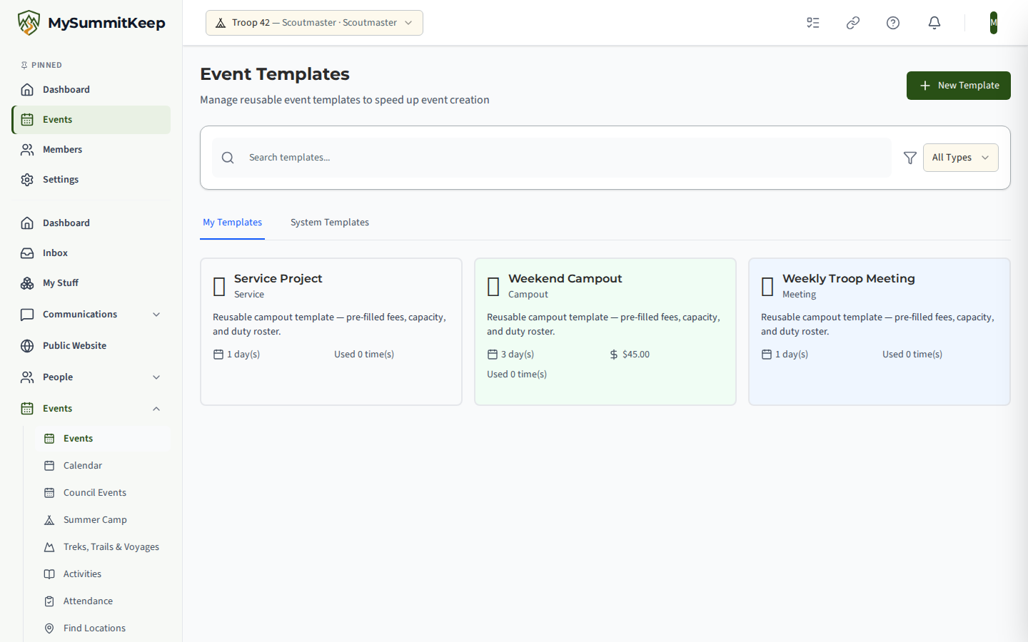 The Event Templates page at /events/templates listing reusable event templates with title, type and default duration