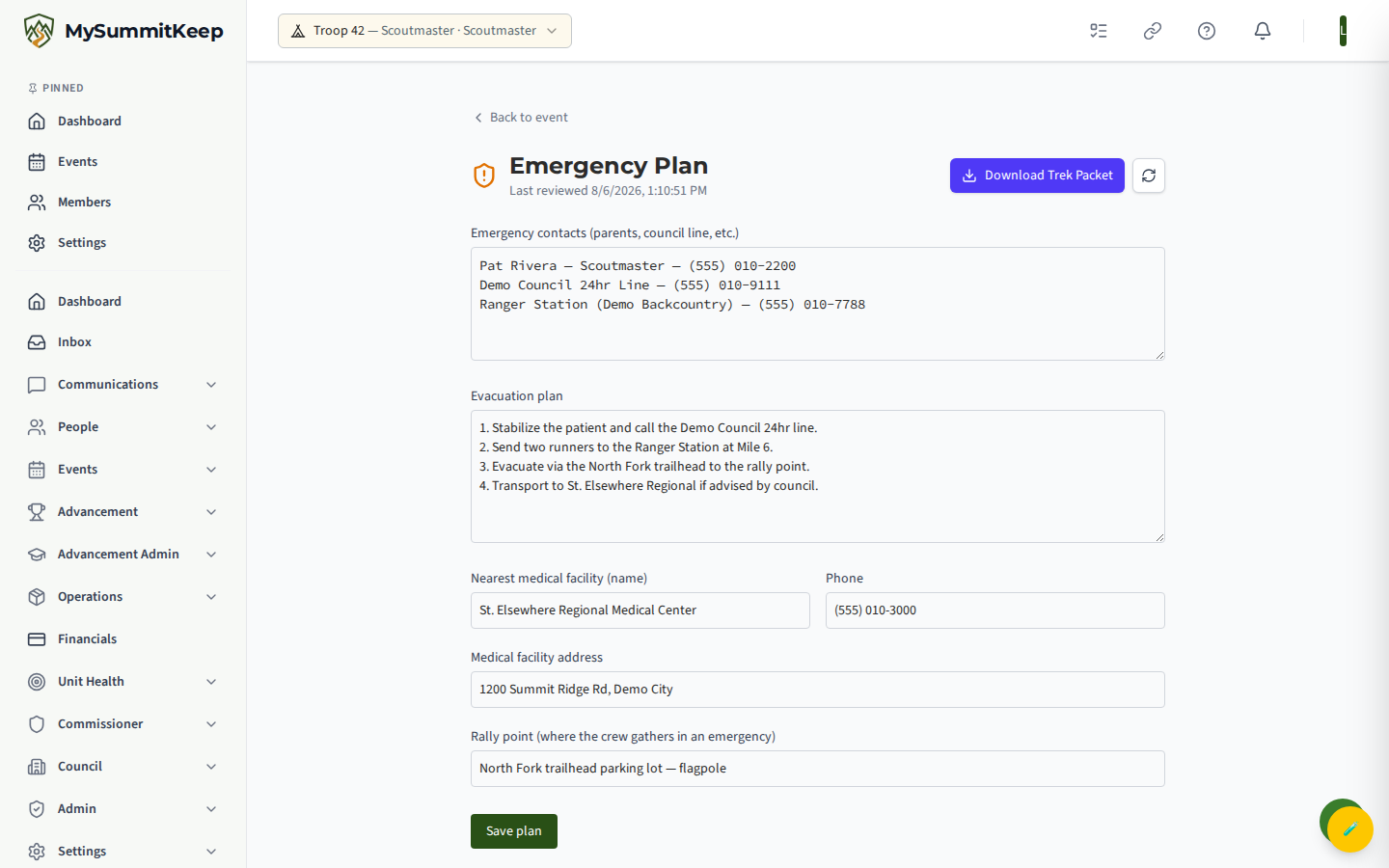 The trek emergency plan page (evac route, hospital, sat-comm, contacts).
