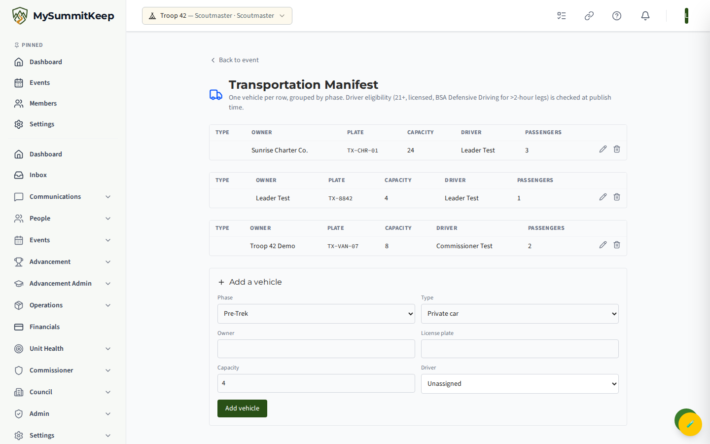The trek transportation manifest grouped by phase with vehicles, capacity, license plate, and driver assignment.