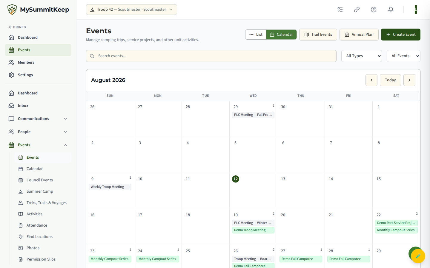 The /events page in calendar view with the list/calendar toggle, type and status filters, and the Create Event / Annual Plan / Trail Events buttons visible.