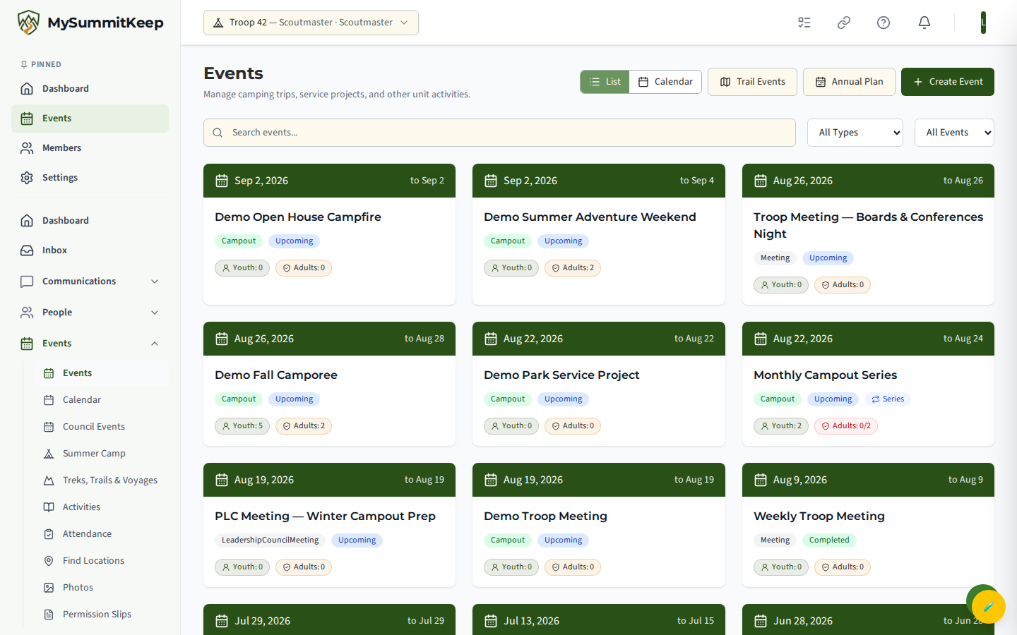 The /events page in list view showing event cards with type/status badges, the Series badge, and the youth/adults registration pills (adults pill red when below minimum).