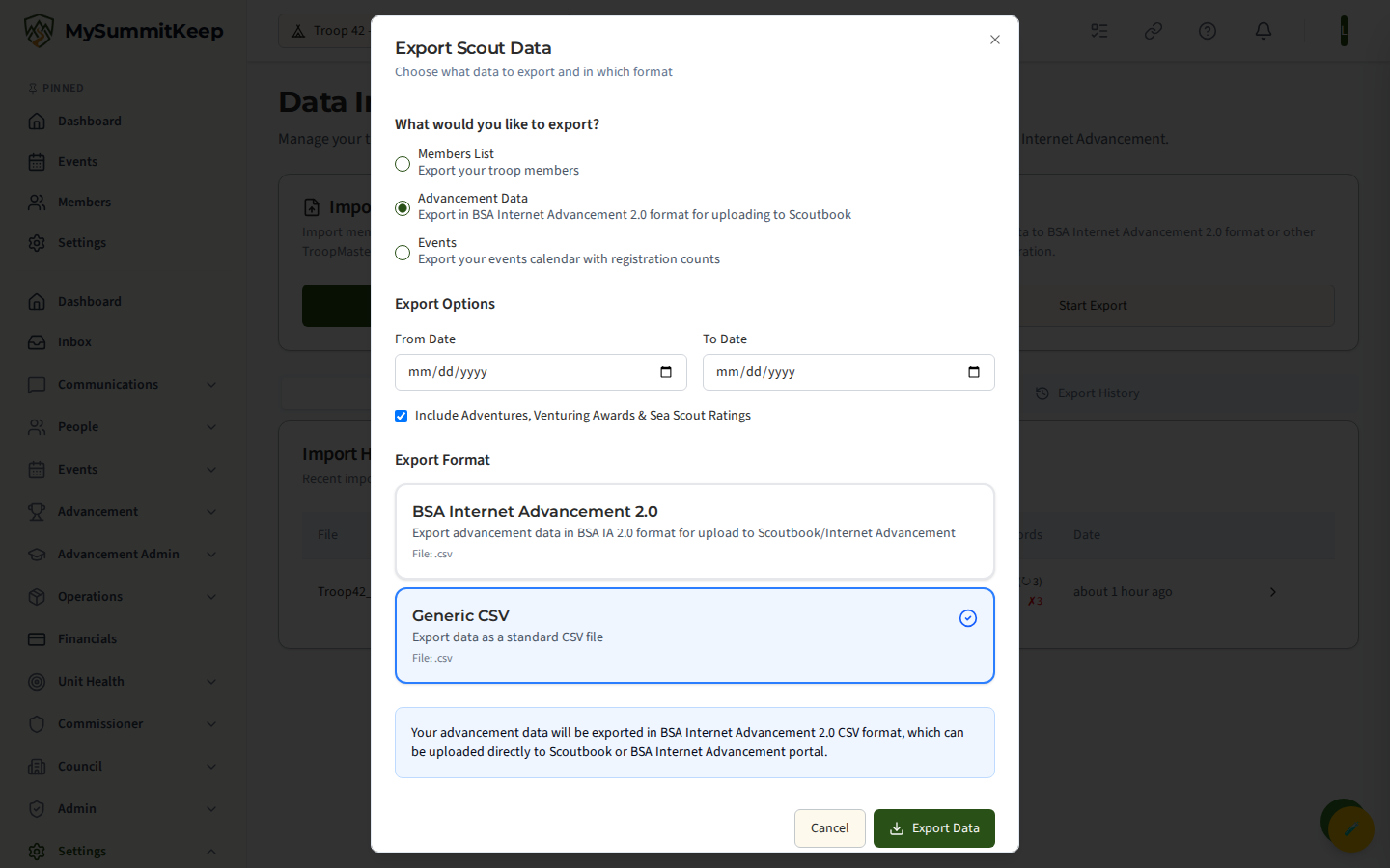 Export Data dialog with export targets and format options