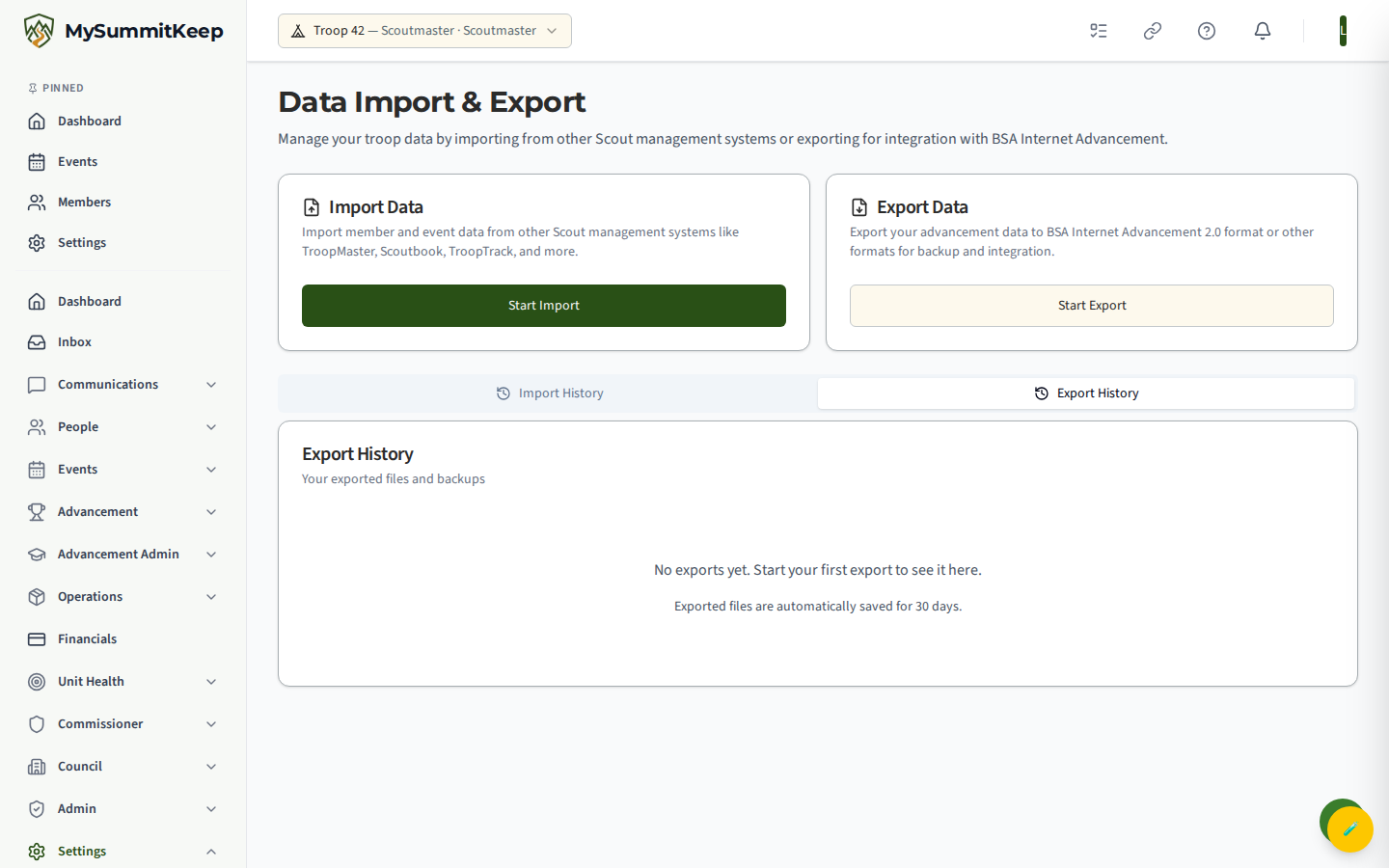 Export History tab on the Import & Export hub