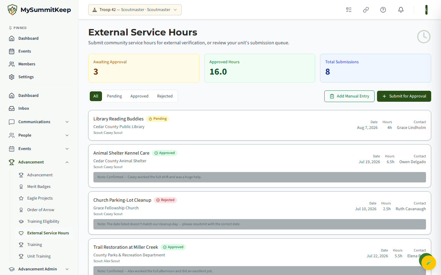 External service hours page with status tabs (All/Pending/Approved/Rejected) and submission rows