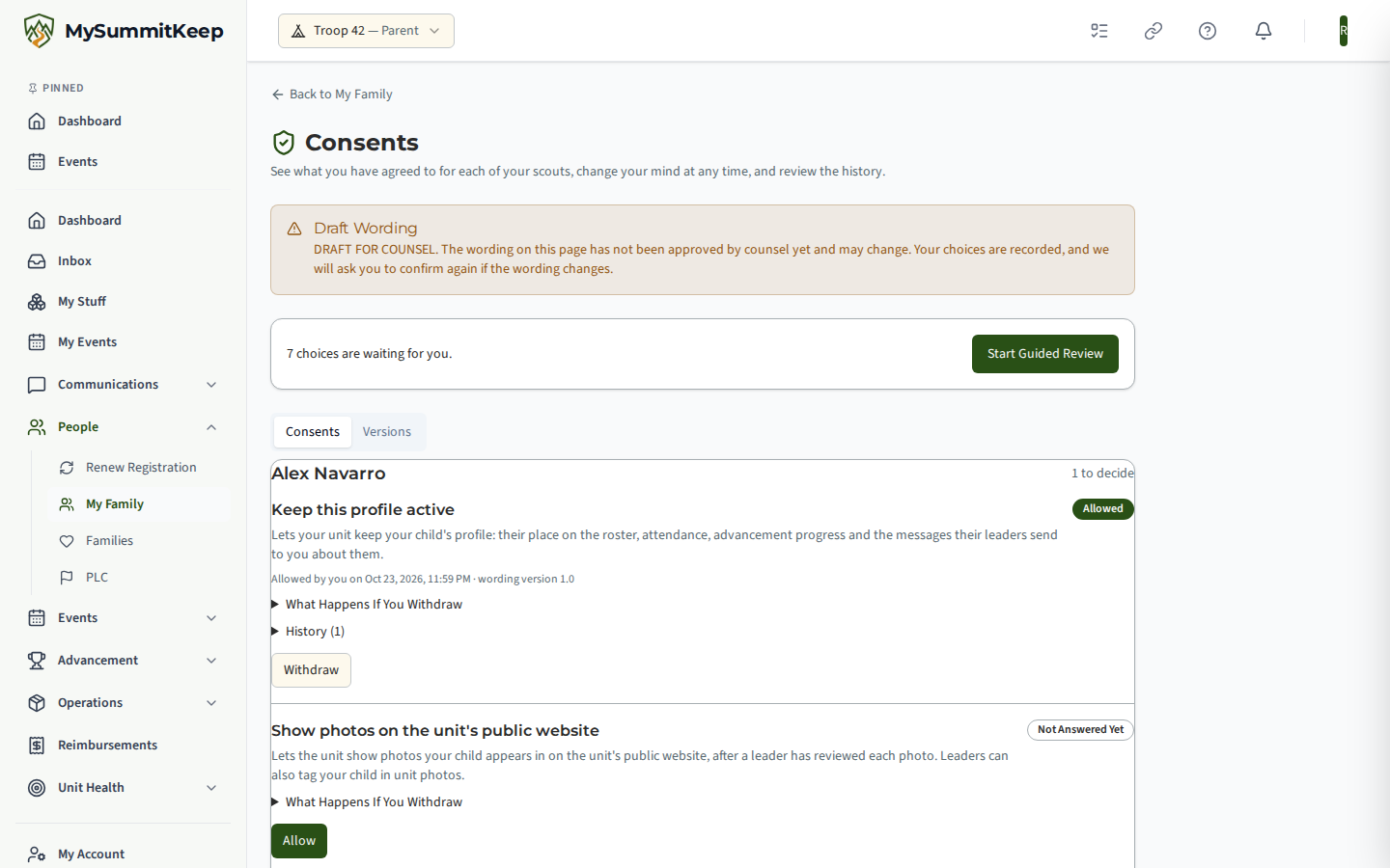 My Family, Consents. A draft-wording notice, then a card for each scout listing every consent with its state and Allow or Withdraw button.