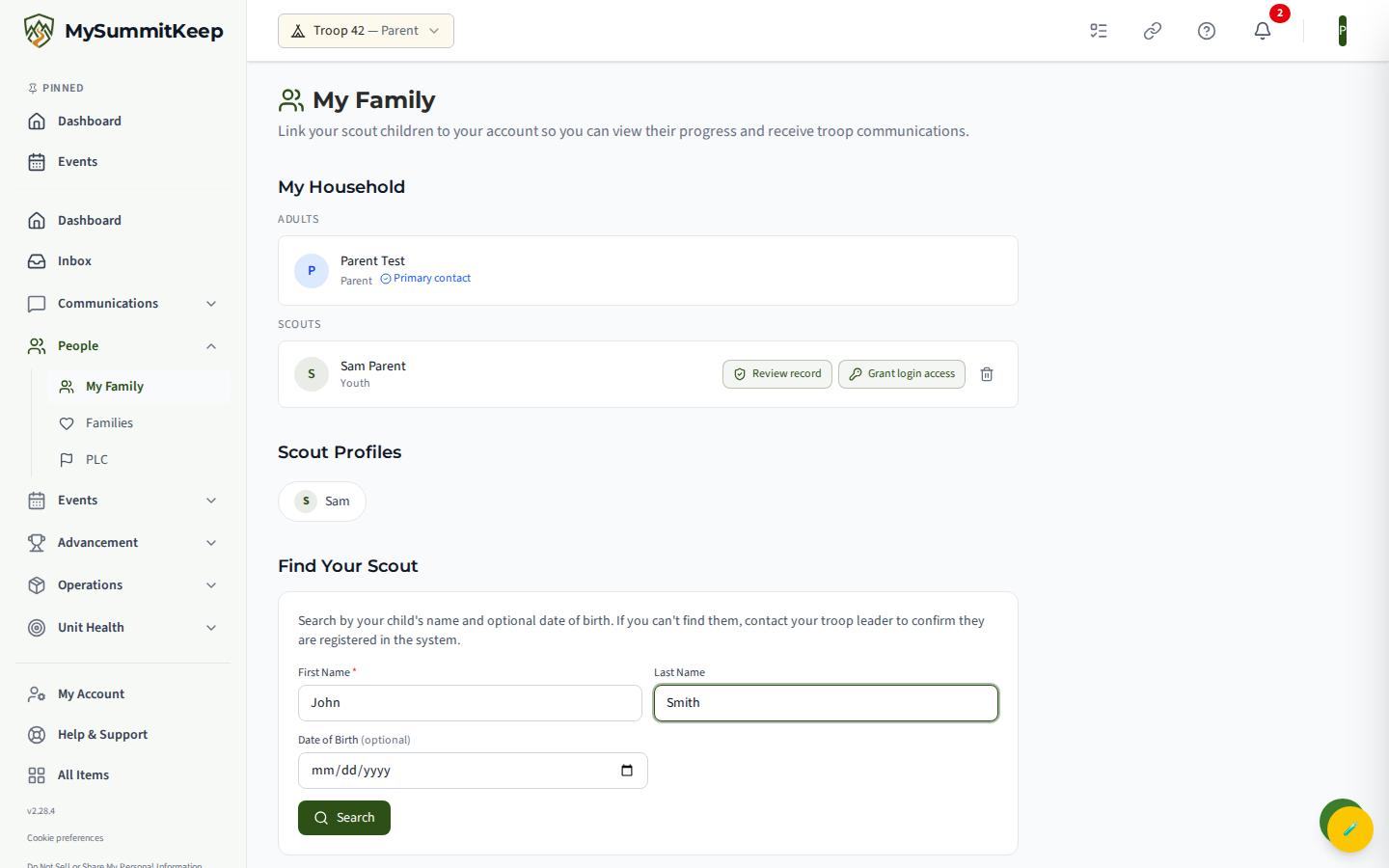 The 'Find Your Scout' search form (First Name, Last Name, optional Date of Birth) with the Search button.