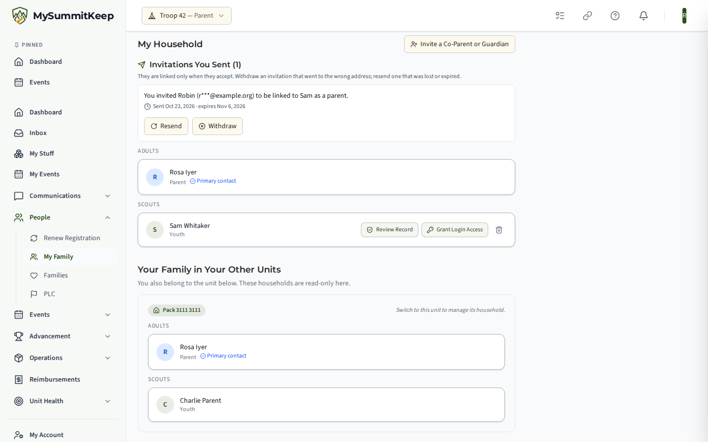 My Family's 'Invitations you sent': a co-parent invitation, its address partly hidden, with Resend and Withdraw.