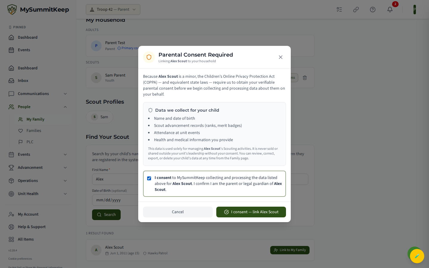 The COPPA MinorConsentDisclosureModal that gates linking an under-18 scout, with the consent checkbox and confirm button.