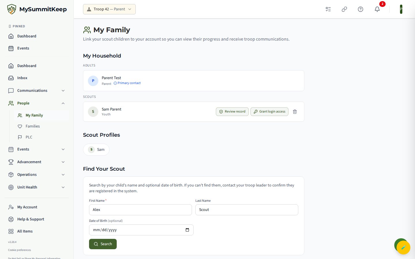 Parent-facing My Family page with linked scouts and the scout search/link form