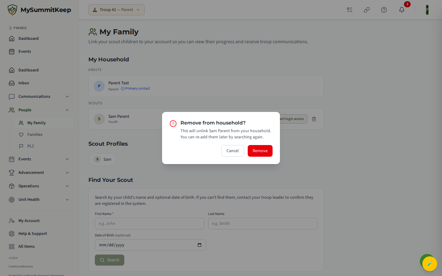 The 'Remove from household?' confirmation dialog shown when unlinking a youth.
