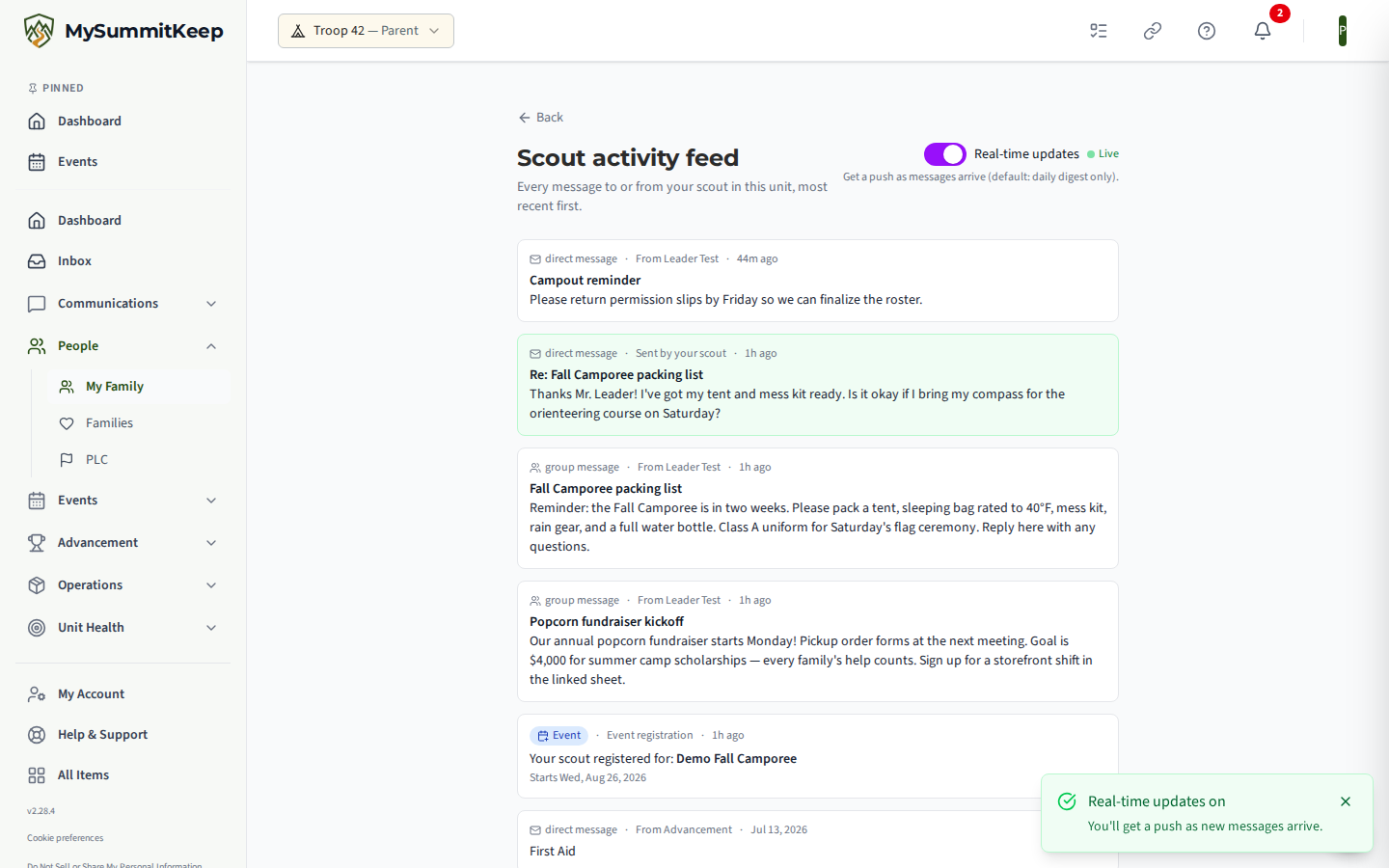 The /family/feed scout activity feed page showing message / advancement / event-registration cards and the 'Real-time updates' toggle.