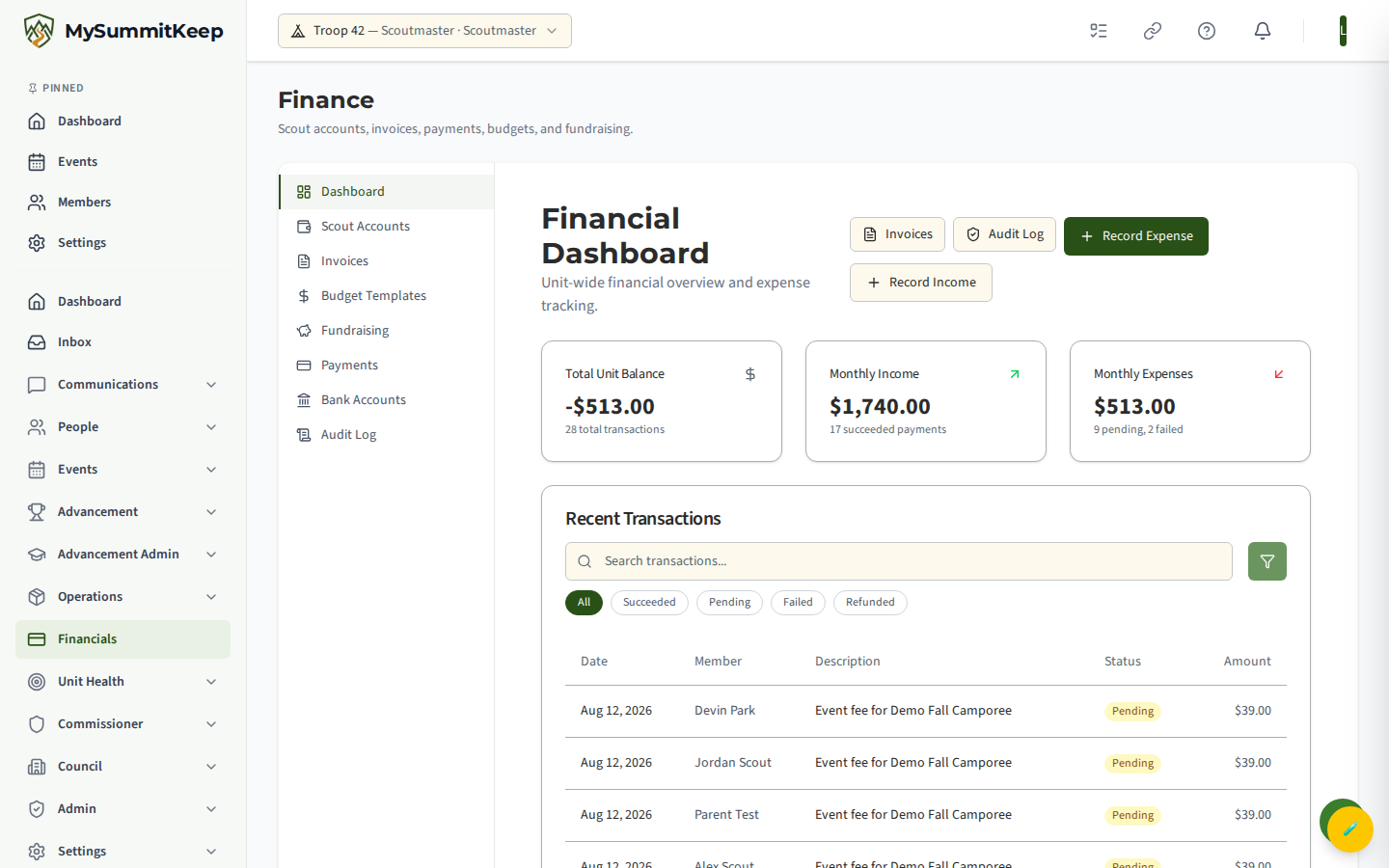 Financial Dashboard at /financials with KPI cards and the Recent Transactions table.
