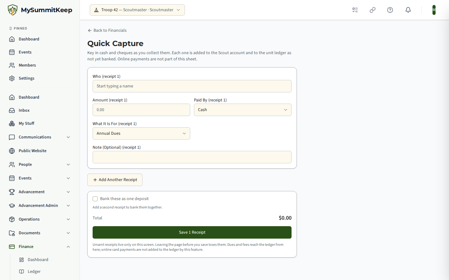 The Quick Capture sheet with receipt rows for who, amount, cash or cheque and what it is for, a bank-as-one-deposit option and a running total.
