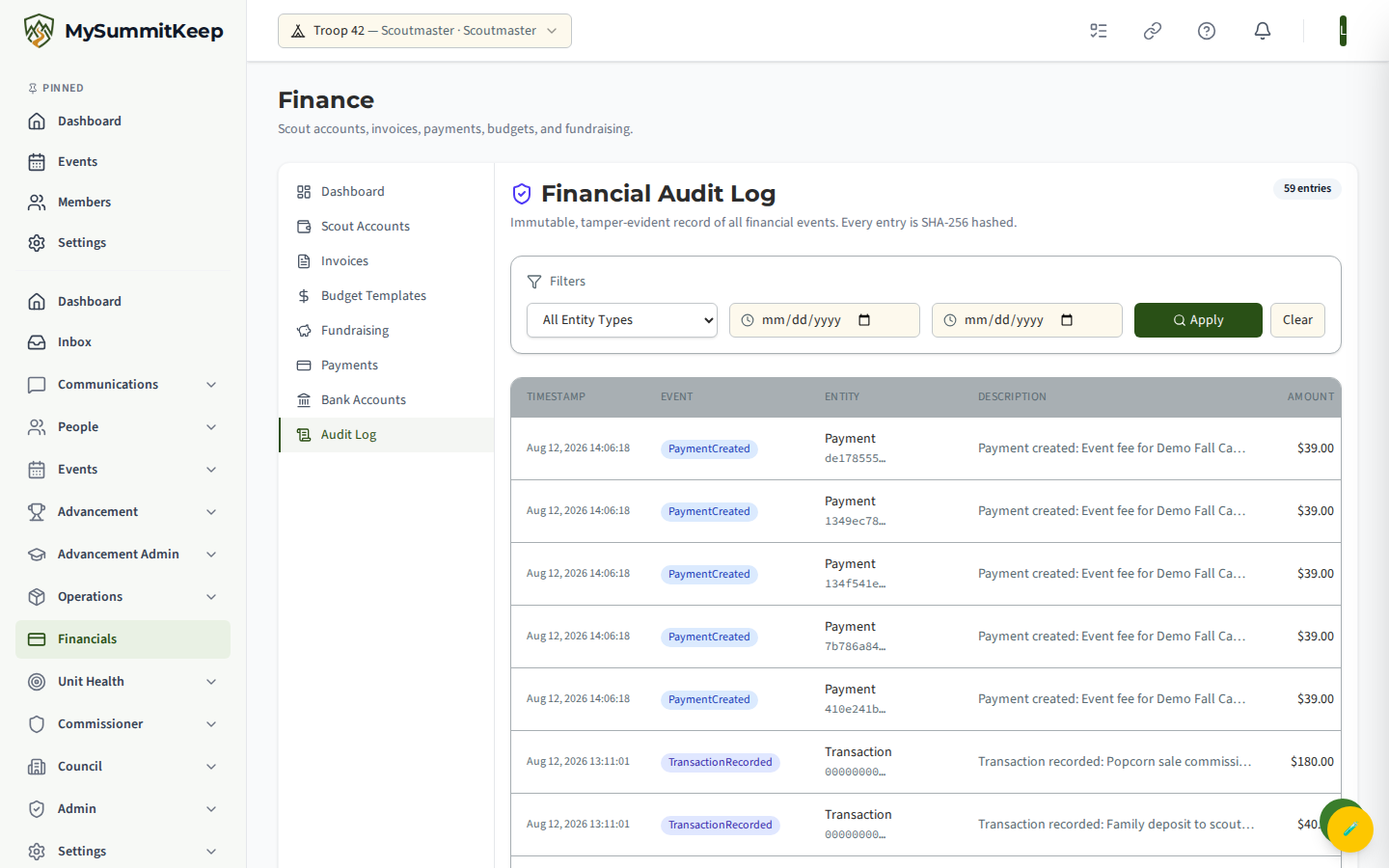 Financial Audit Log at /financials/audit-log with the date-range filter.