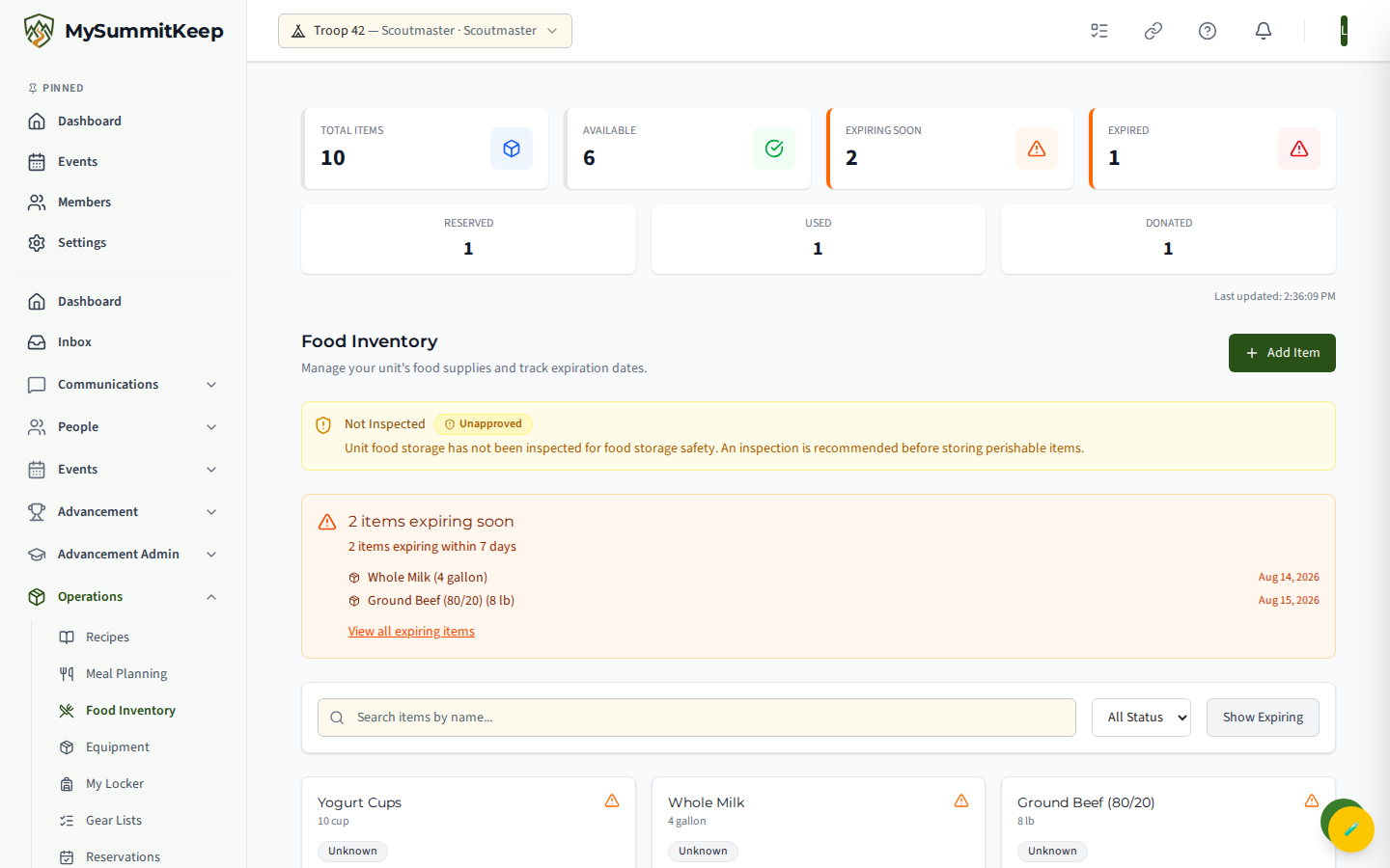 Food Inventory page at /food-inventory with the summary cards and inventory list.