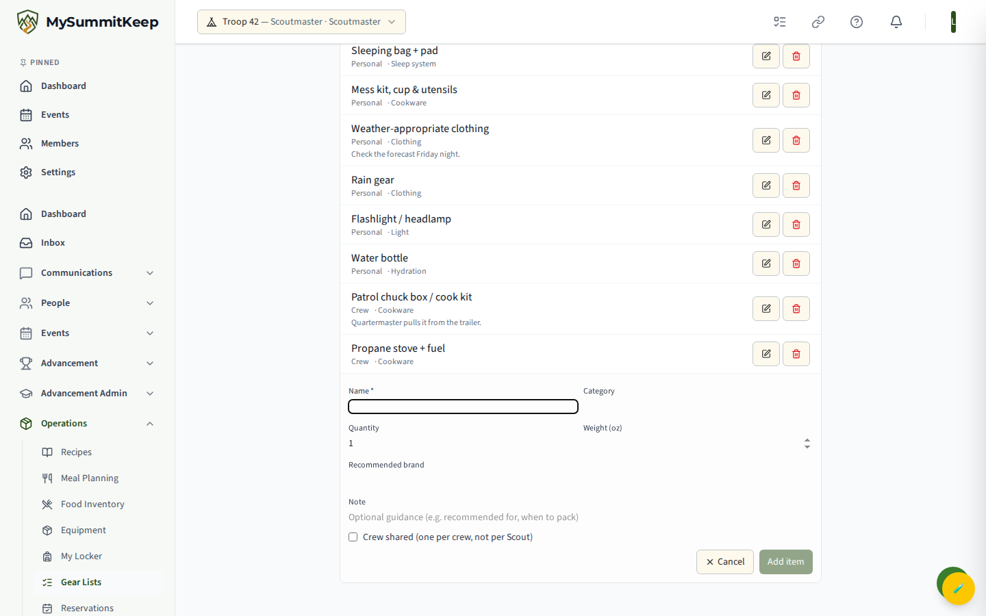 Gear List editor at /gear/lists/new showing categories and items (name, required/optional, quantity, notes).