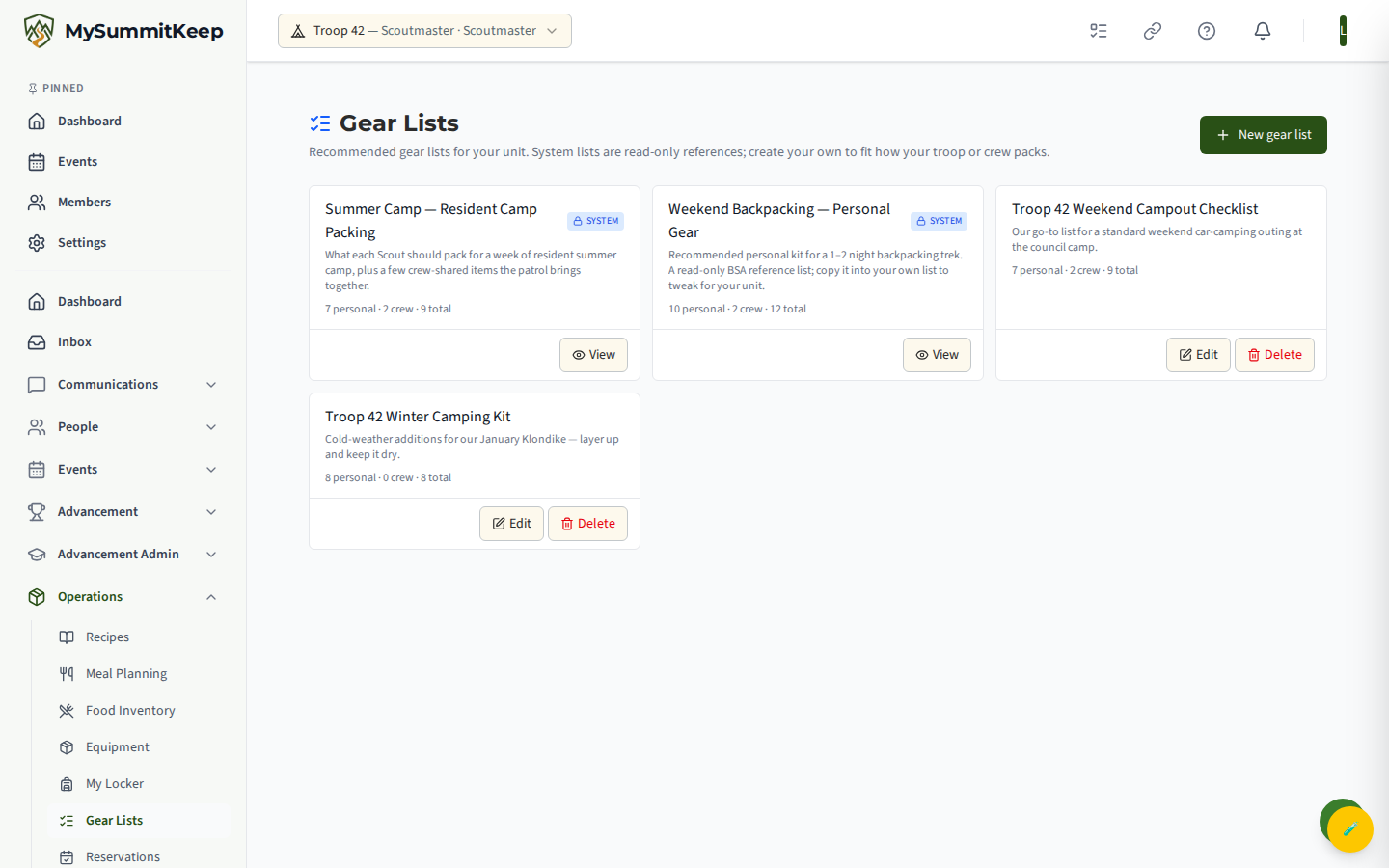 Gear Lists empty state with the 'No gear lists yet' card and create CTA.