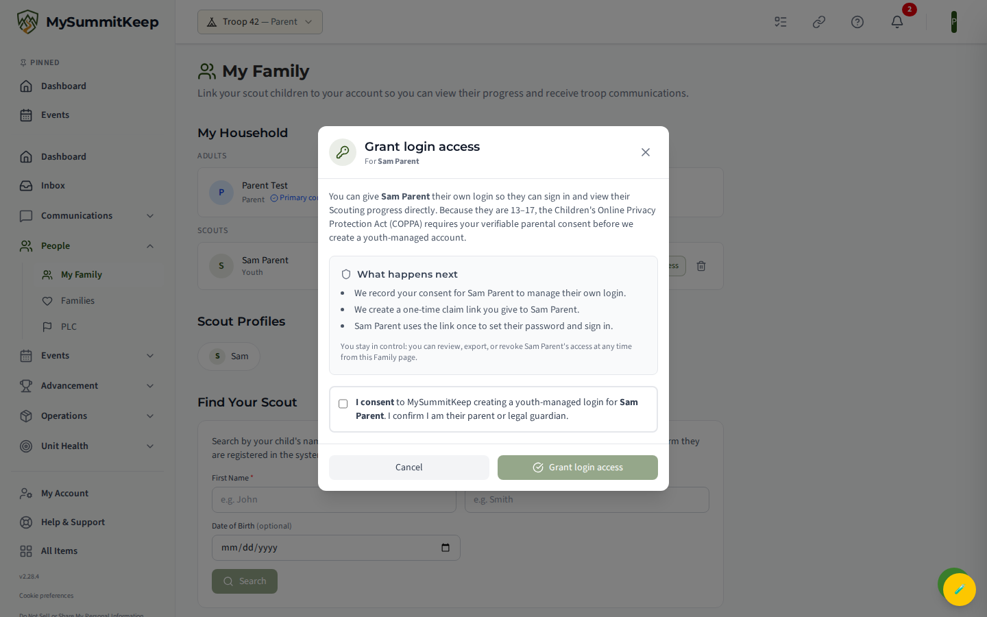 The GrantYouthLoginModal capturing verifiable parental consent before granting a linked 13-17 youth a login and minting their claim token.