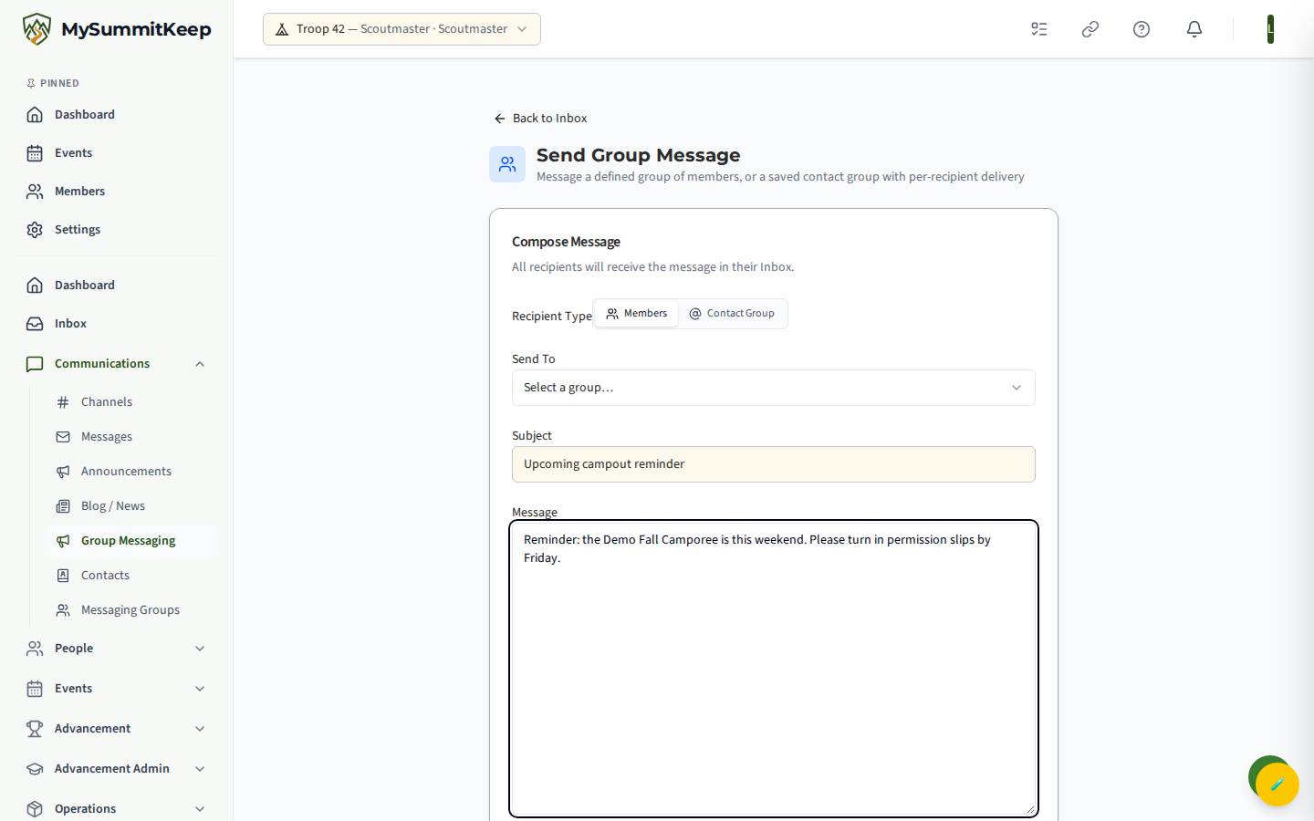 Send Group Message page at /communications/group with the Recipient Type toggle, Send To group selector and compose box.