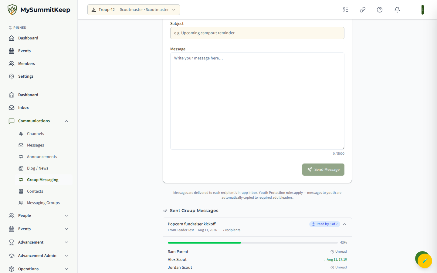 Group Messaging sent-messages view with read-receipt details for a batch.