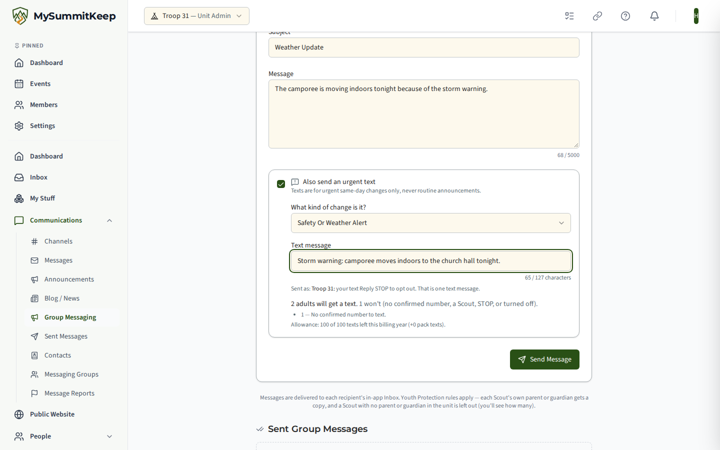 The Send Group Message page with the Also send an urgent text box ticked, the kind set to Safety Or Weather Alert and the short text filled in. Under the text it shows the one-message character count and how the text will read, then that two adults will get a text and one will not because they have no confirmed number, and the unit's remaining text allowance.