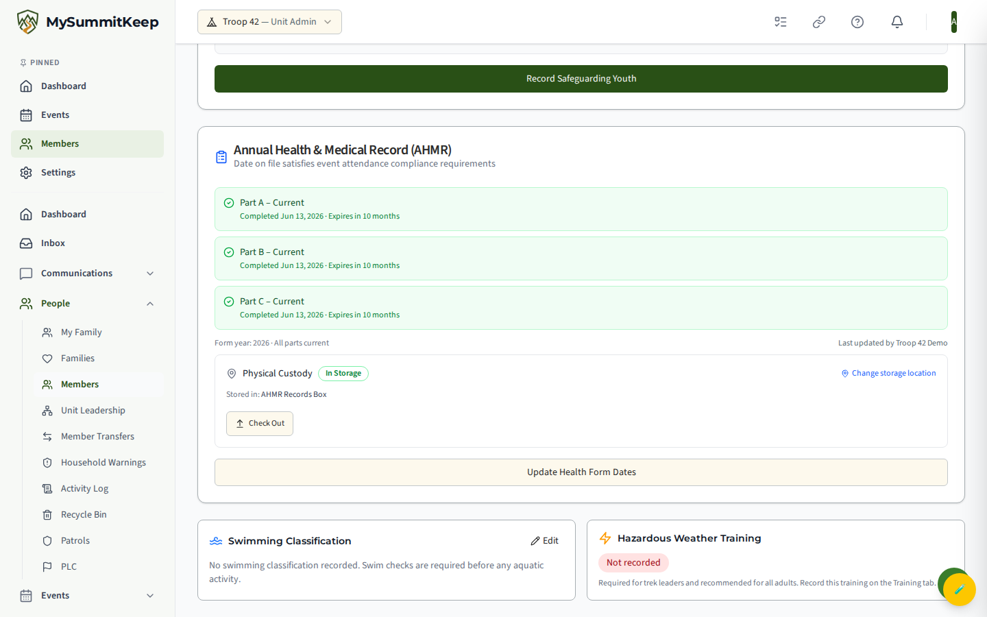 Health form physical-custody controls: AHMR Parts A/B/C status with assigned storage location (here 'In Storage' at the AHMR Records Box) and a one-tap check-out action. The button toggles to Check In once a form has been checked out of storage.