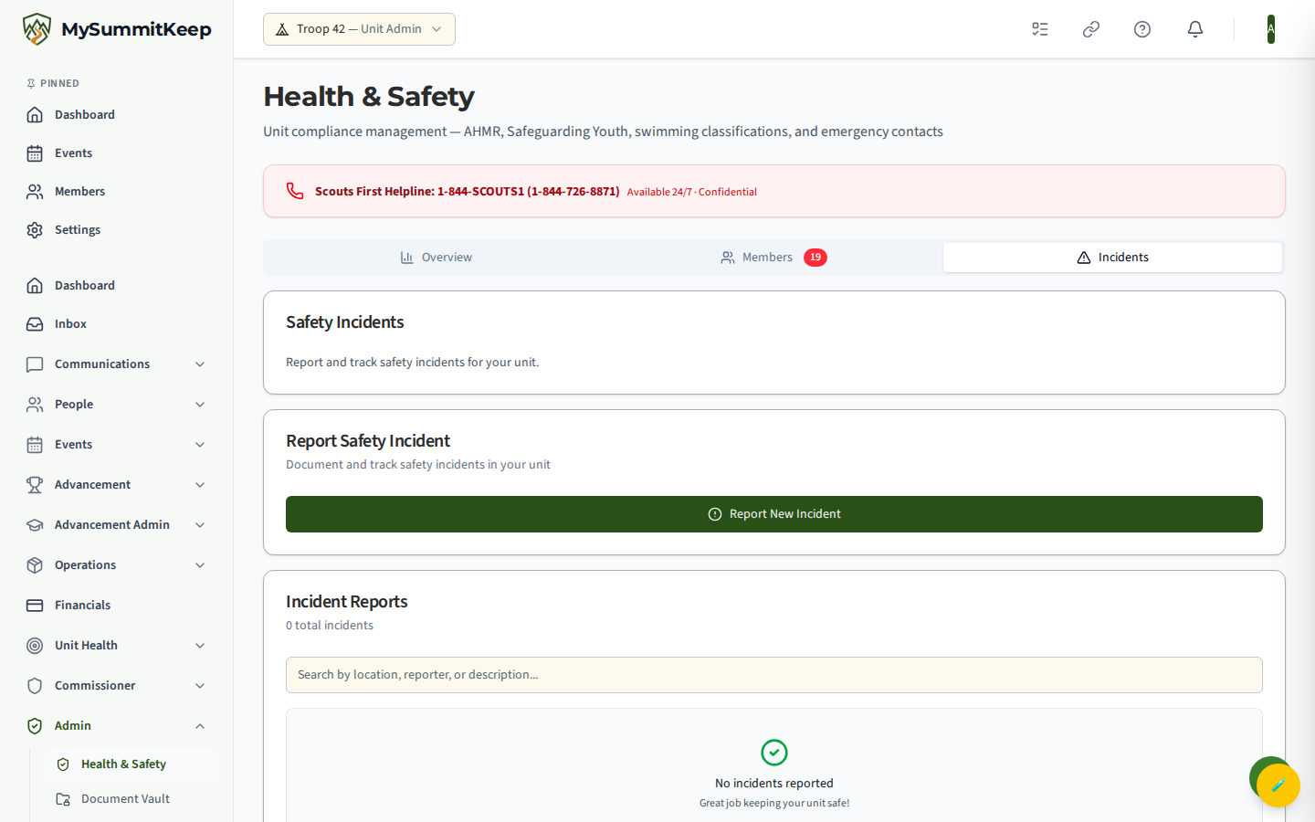 Incidents tab showing the Safety Incidents list and the incident report form.
