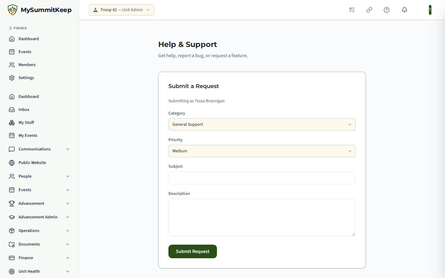 Help & Support page with the Submit a Request form, a Knowledge Base section of expandable articles, and the Your Unit's Tickets card that unit admins see.