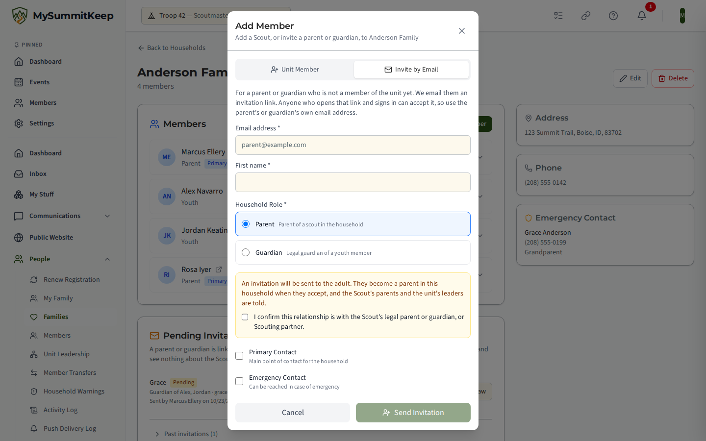 Add Member modal on the Invite by email tab, with email address and first name