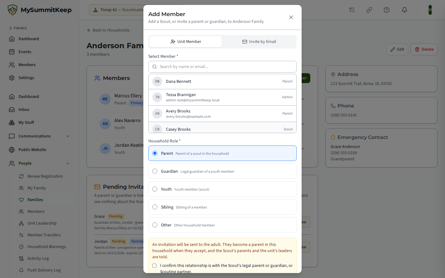 Add Member modal with Parent chosen, showing the invitation note and the relationship checkbox