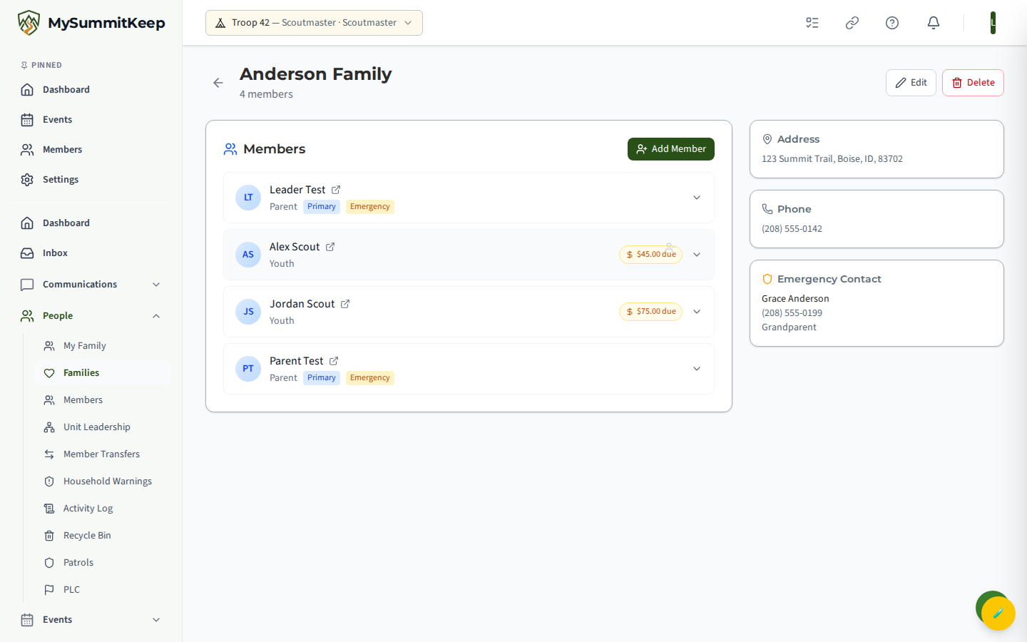 Household detail page with members, address, phone, and emergency contact panels