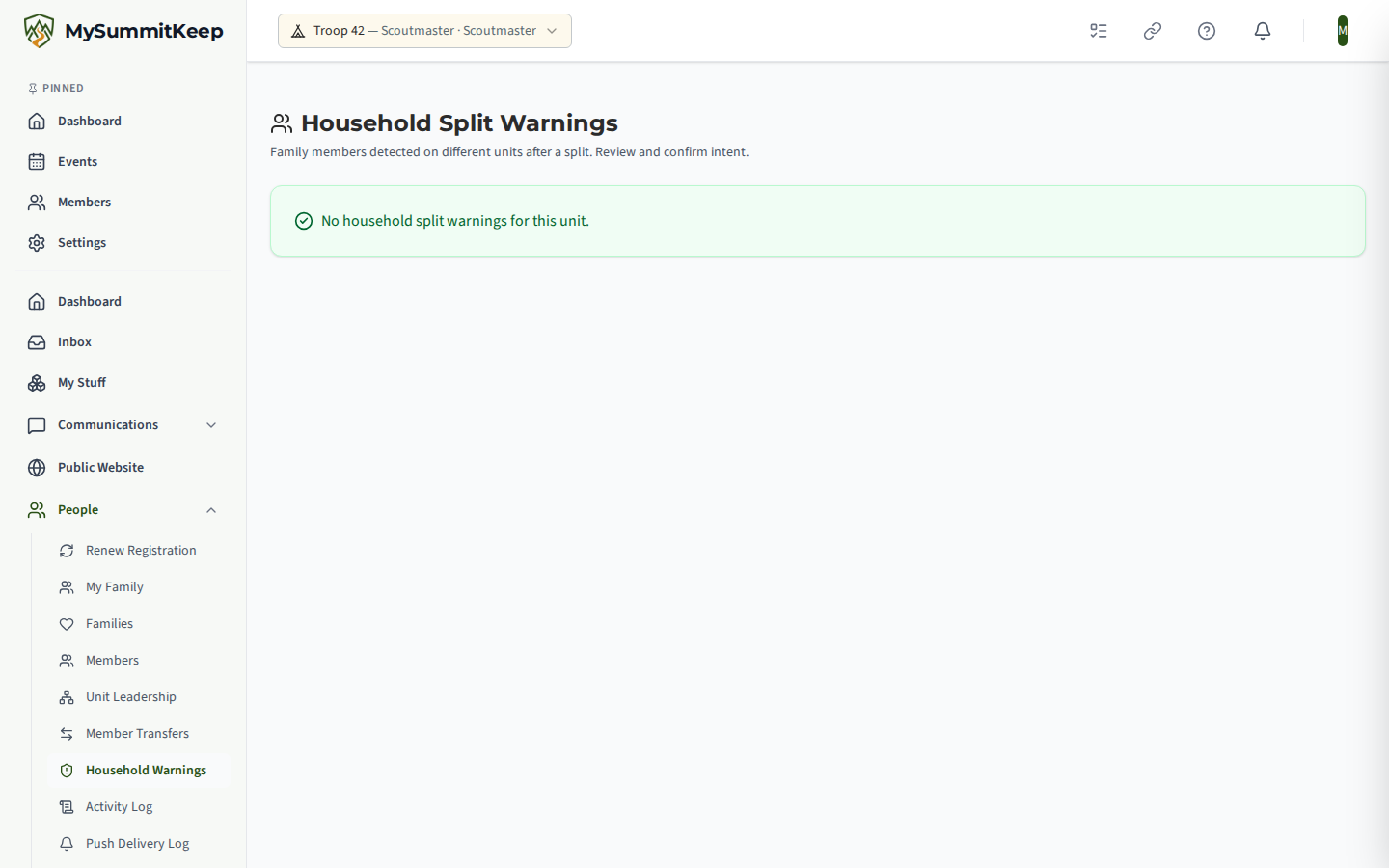 Leader Household Warnings page listing split-household warnings with acknowledge/suppress actions