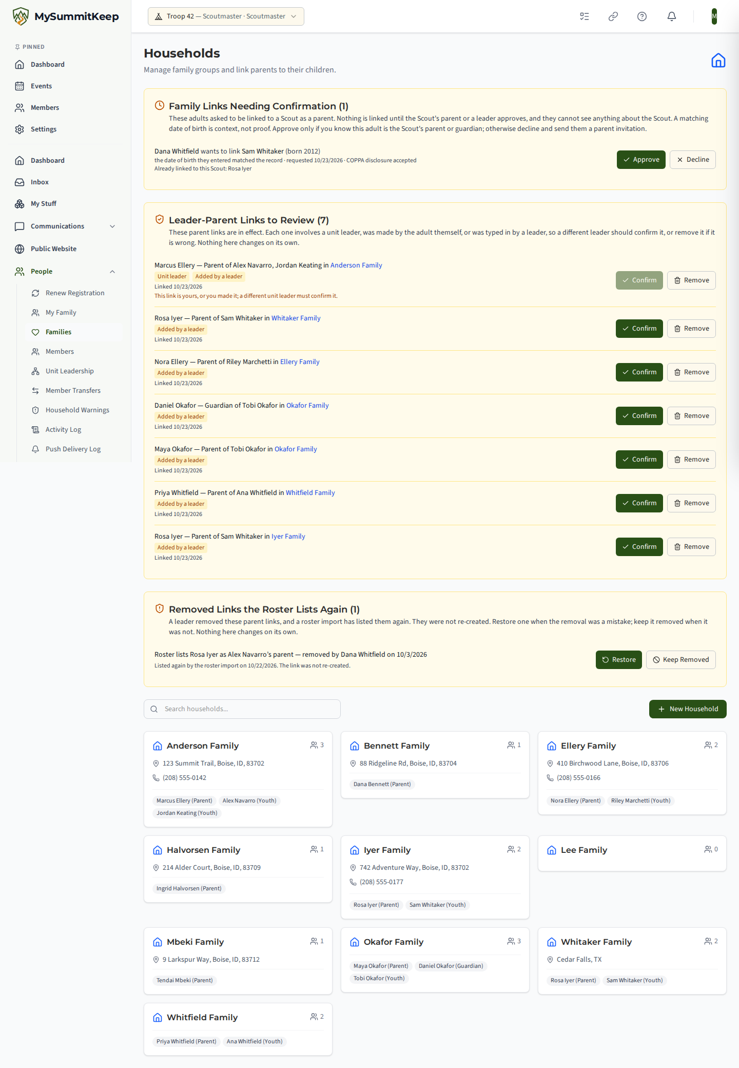 Households page: a link a leader removed that the roster lists again, with Restore and Keep removed