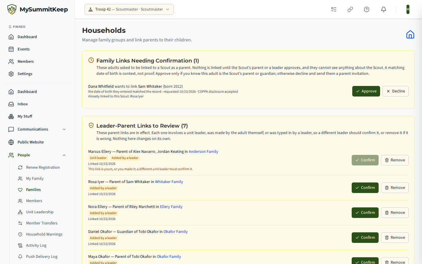 Households page review list of leader-parent links with Confirm and Remove