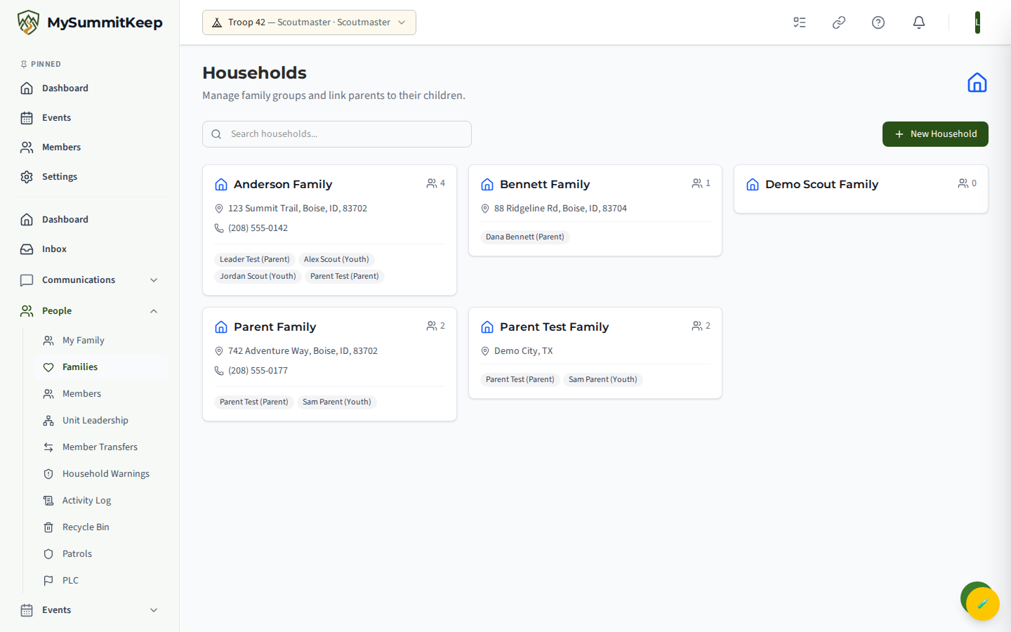 Households list with search and New Household button