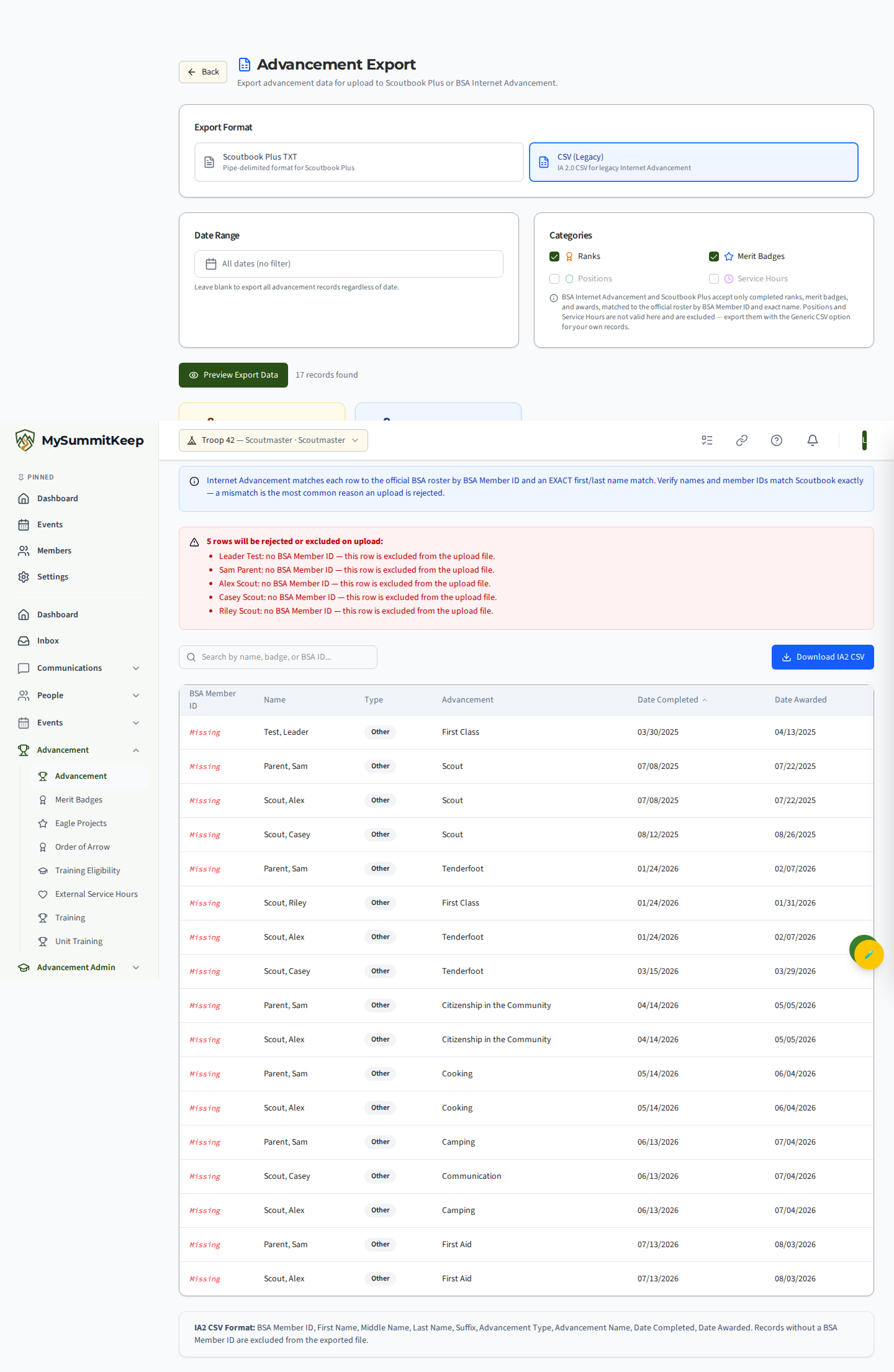 IA2 export page with the Scoutbook Plus TXT vs IA2 CSV toggle, filters, preview table and Download button