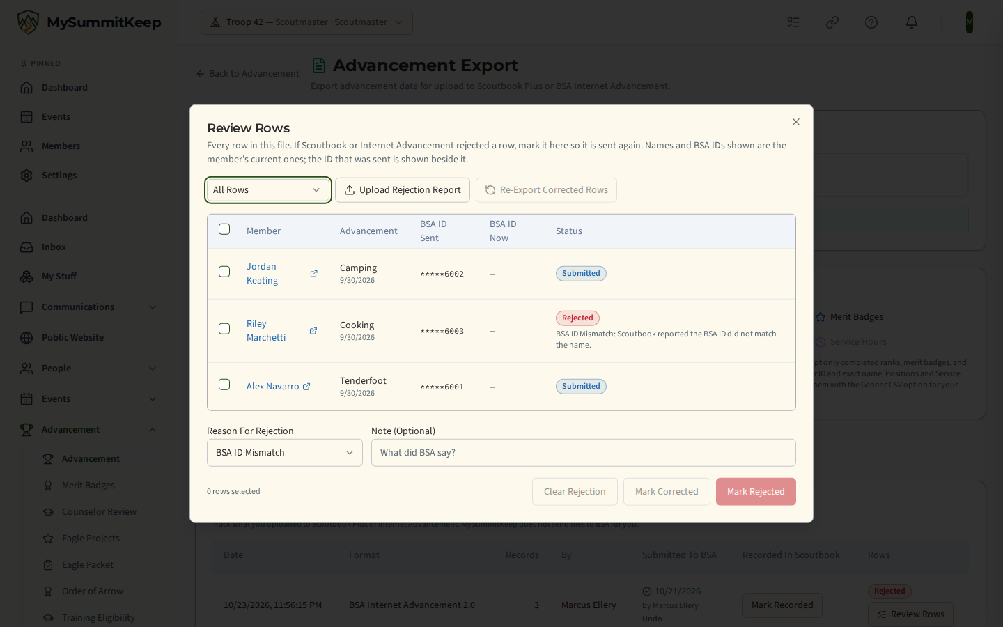 Review Rows dialog listing every row of an export with its status chip, the BSA ID sent and the current one