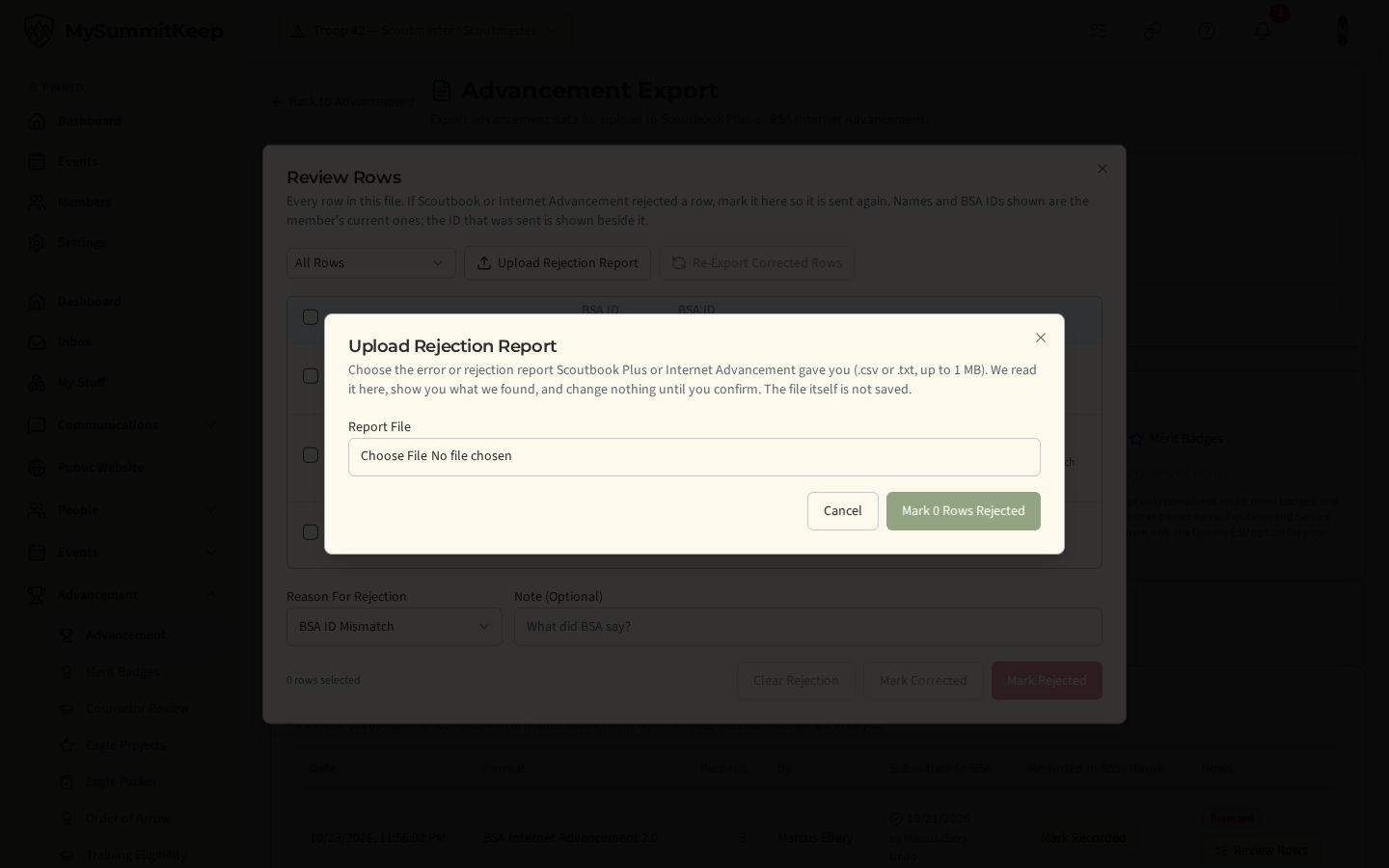Upload Rejection Report dialog with the file chooser