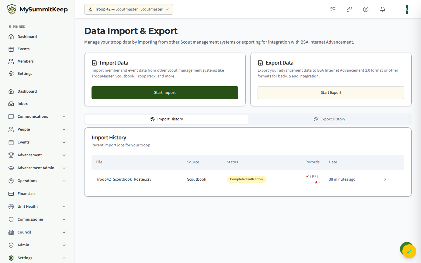 Data Import & Export page showing the Import Data and Export Data cards plus Import History and Export History tabs