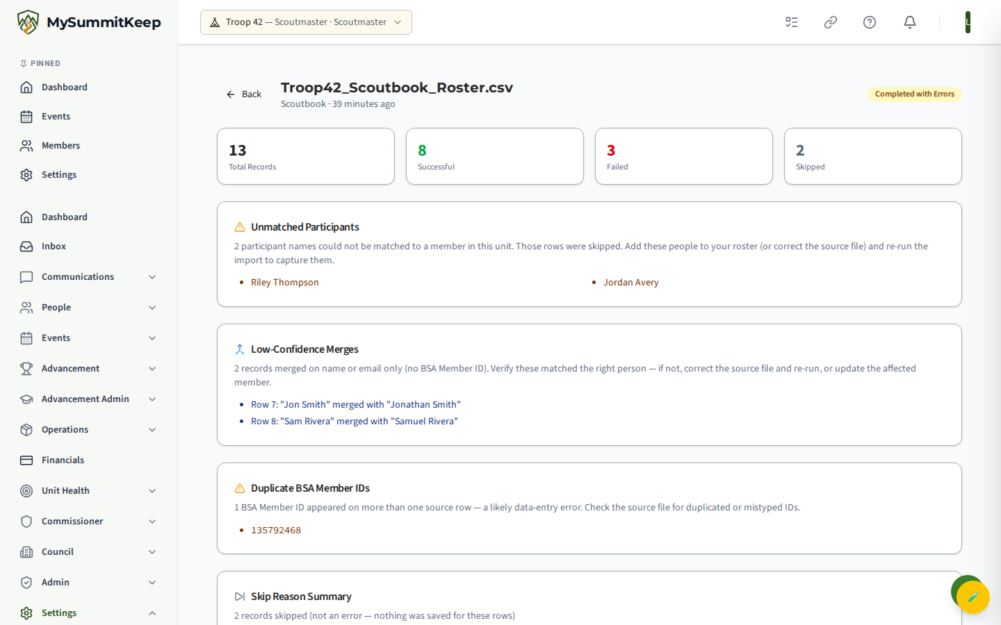 Import job detail / history view (/import-export/:jobId) with per-record results and reconciliation
