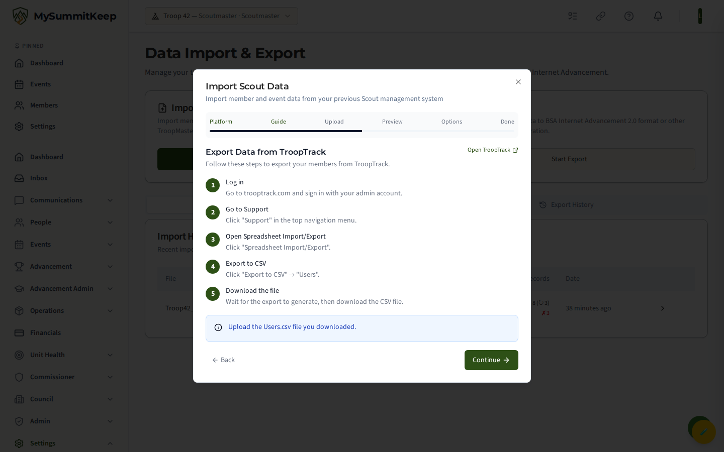 Import Wizard export-guide step showing per-source instructions for getting the CSV out of the origin system