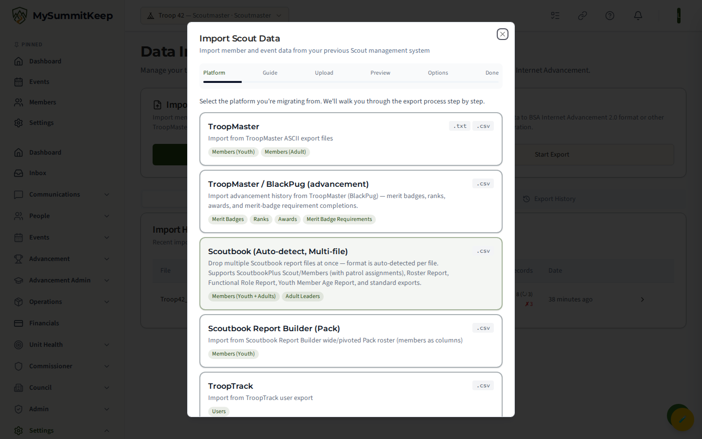 Import Wizard step 1: choose source system (Scoutbook, TroopMaster/BlackPug, TroopTrack, TroopWebHost)