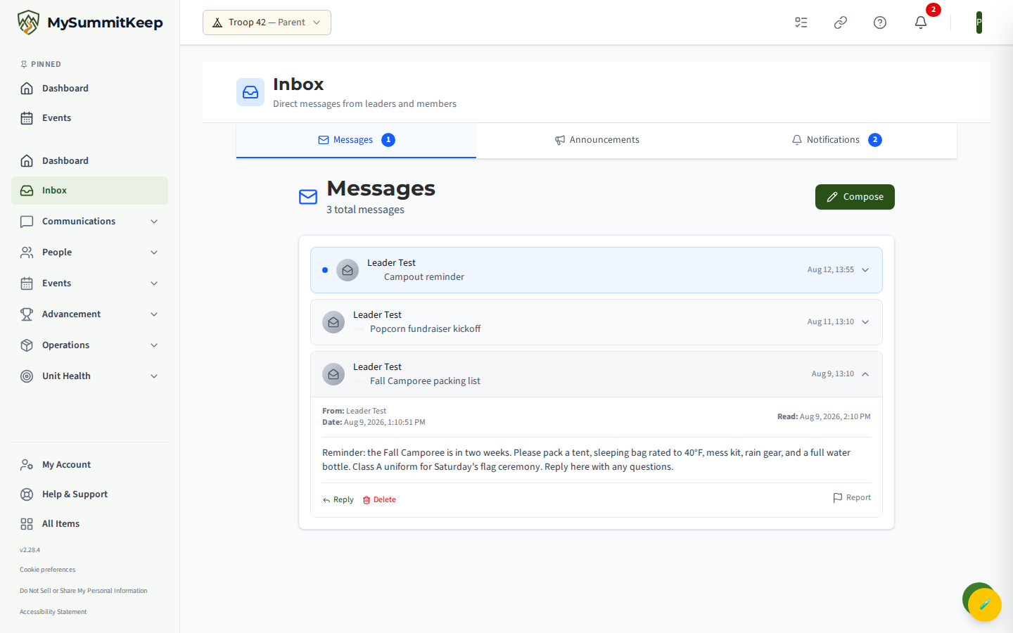 The /inbox unified hub (tabs: messages / announcements / notifications).