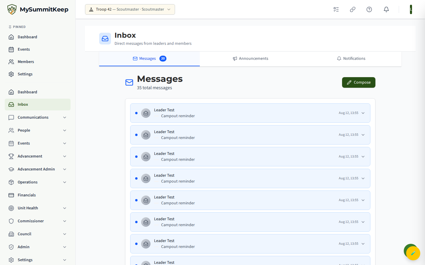 Inbox page at /inbox listing received messages/notifications.
