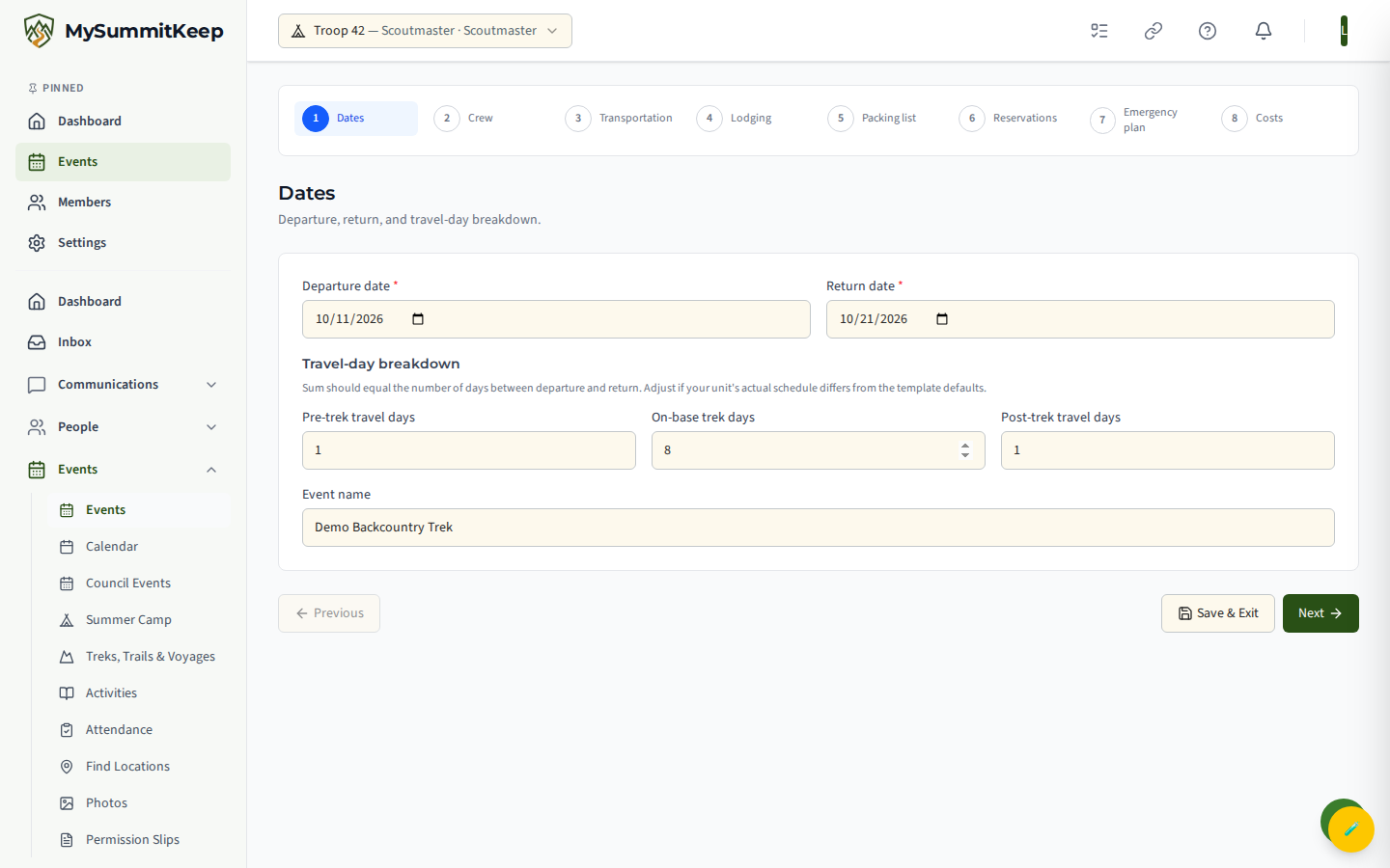 The event-instance wizard on the Dates step (variant=trek) with the step rail showing Dates, Crew, Transportation, Lodging, Packing list, Reservations, Emergency plan, Costs, Permission slips, Review & publish.