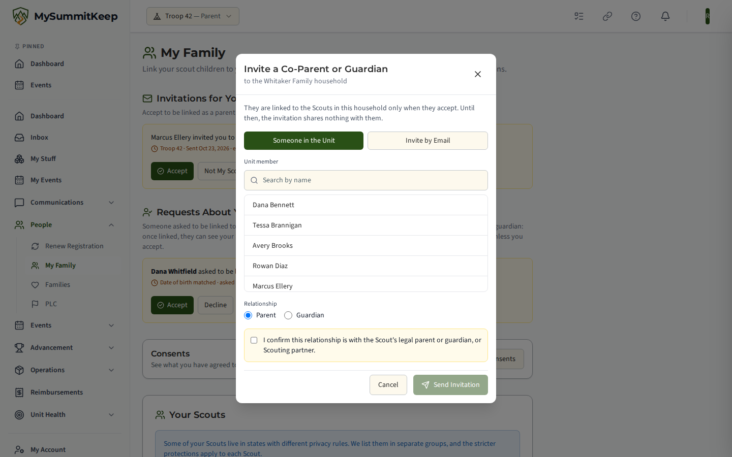 The 'Invite a co-parent or guardian' dialog: someone in the unit or invite by email, Parent or Guardian, and the relationship confirmation.