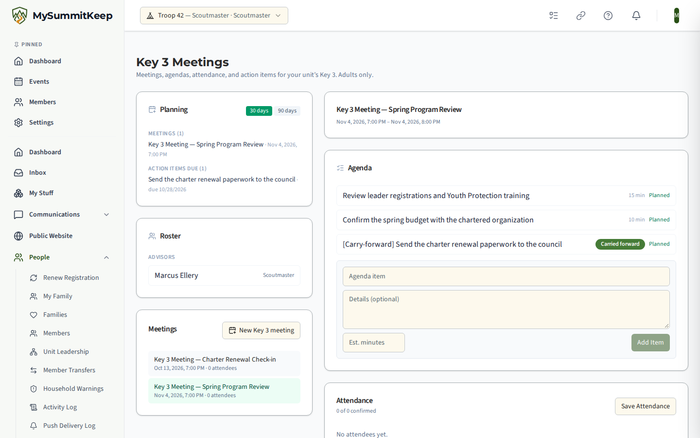 An open Key 3 meeting showing its agenda items and the Attendance card, with no option to invite a guest.