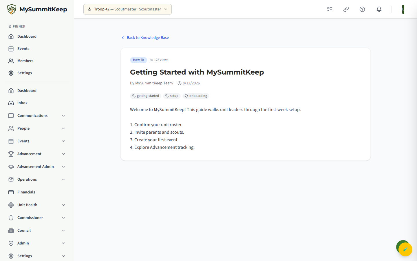 A Knowledge Base article open in the reader view with author and category metadata.