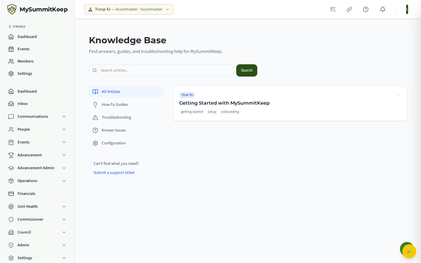 Knowledge Base landing page showing category cards and the search box.